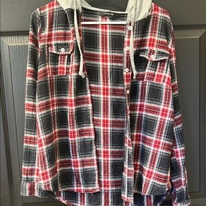Black and Red Plaid Shirt with Gray Hood